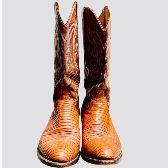 Vintage Lizard Skin El Dorado Handmade Leather Boots Men's Camel Brown Size 9 - Picture 1 of 9